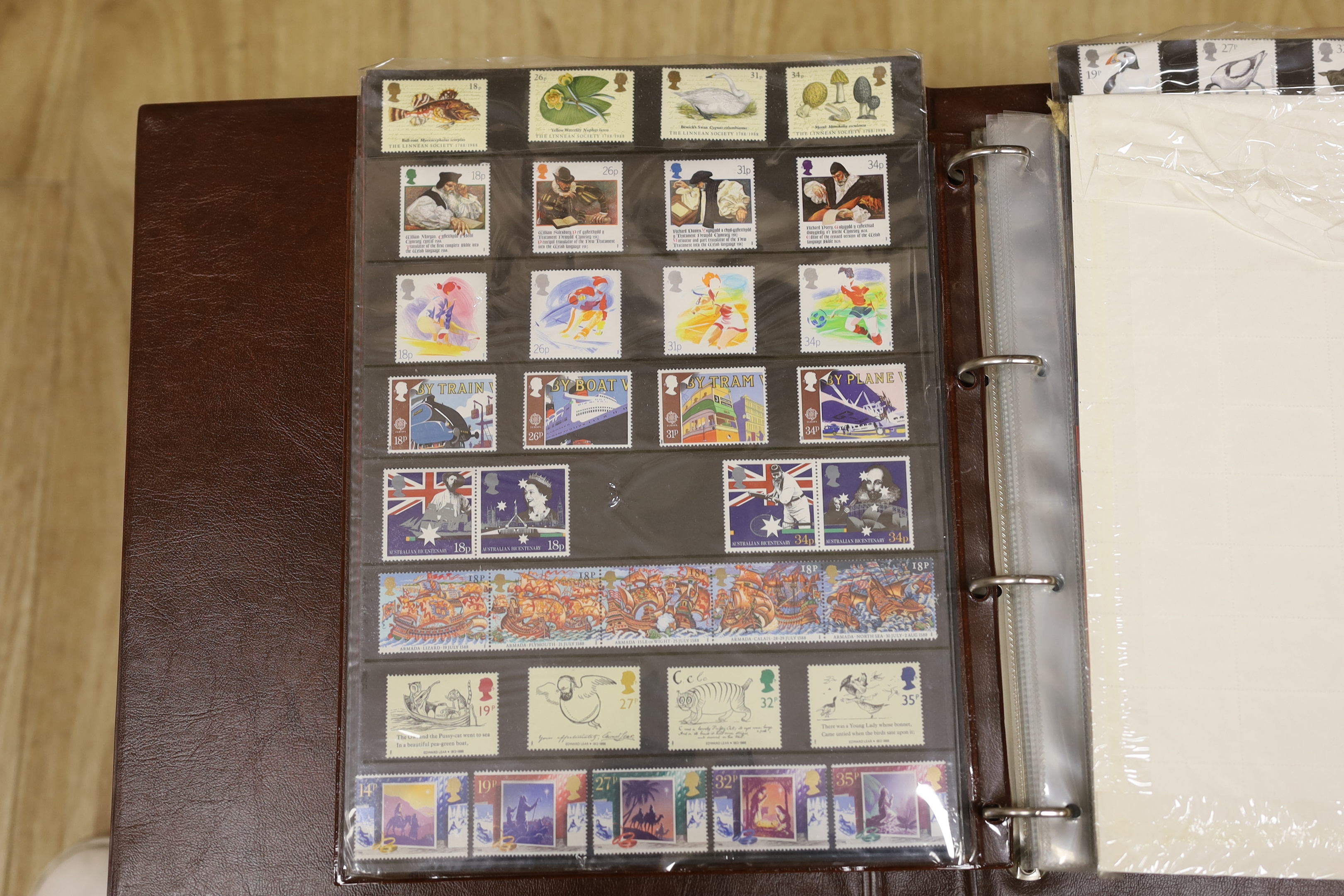 Royal Mail GB stamps - commemorative presentation packs in three albums, GB stamp album 1988-1991, twelve special stamps issues 1985-1991 (some duplicates) and five collector’s packs (one box)